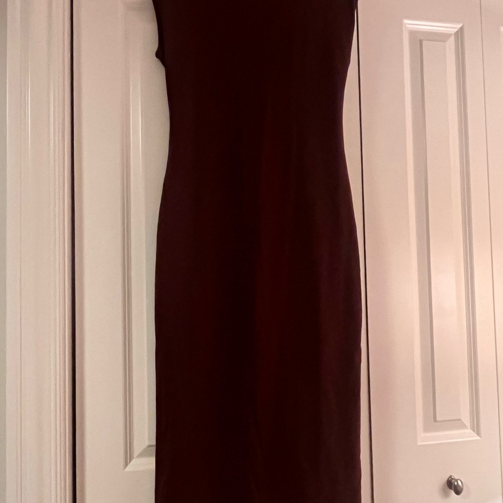 Brown Sleeveless Mock Neck Sheath Midi Dress